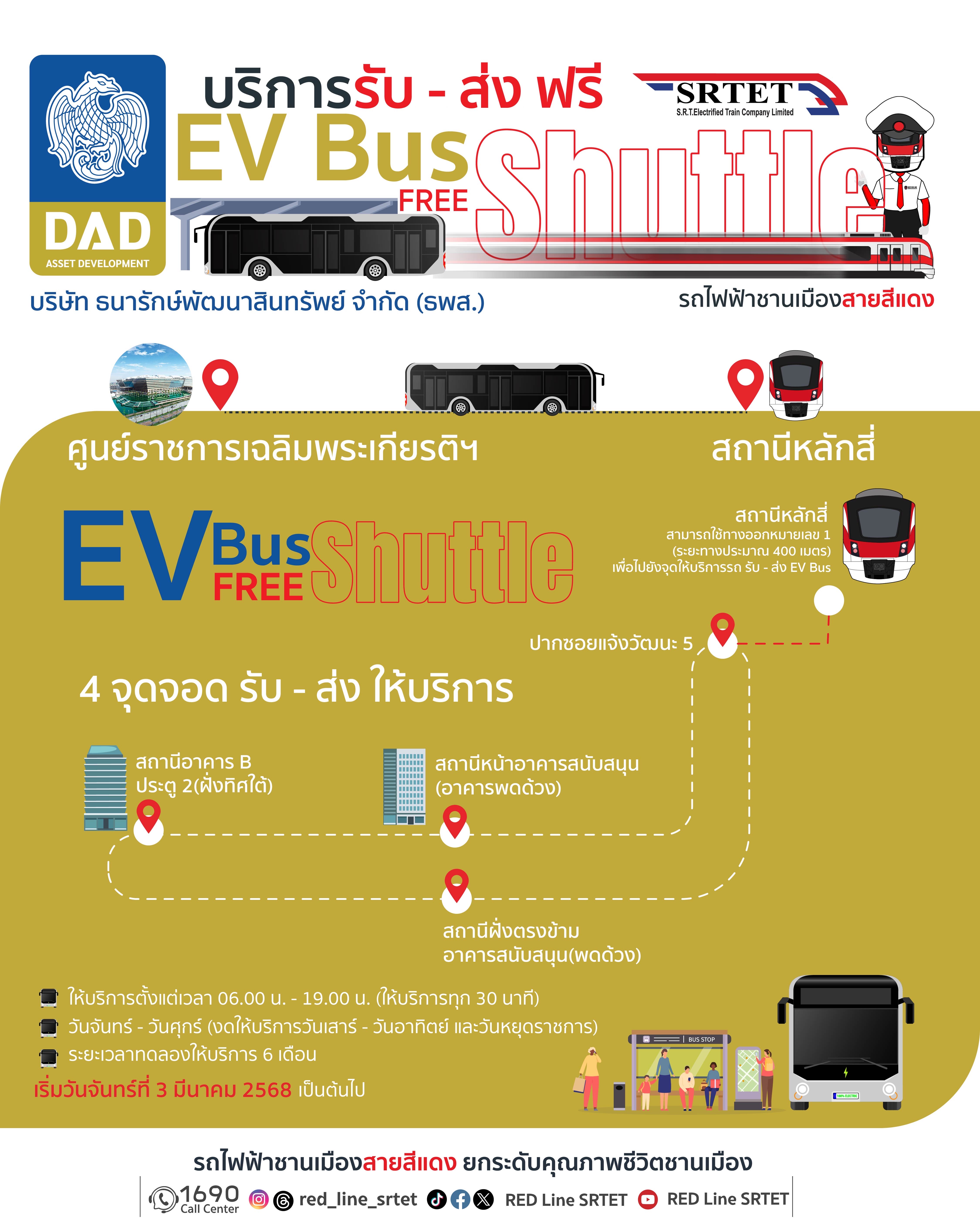 ภาพนี้เป็นโปสเตอร์ประชาสัมพันธ์เกี่ยวกับบริการ "EV Bus FREE Shuttle" ซึ่งเป็นบริการรถรับ-ส่งฟรีเชื่อมต่อระหว่างรถไฟฟ้าชานเมืองสายสีแดงและศูนย์ราชการเฉลิมพระเกียรติฯ จัดโดยบริษัท ธนารักษ์พัฒนาสินทรัพย์ จำกัด (ธพส.) ร่วมกับ SRTET (SRT Electrified Train Comp